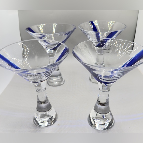 Vintage Artland Prescott Clear Cobalt Blue Swirl Martini Glasses Set of Four - Picture 1 of 10